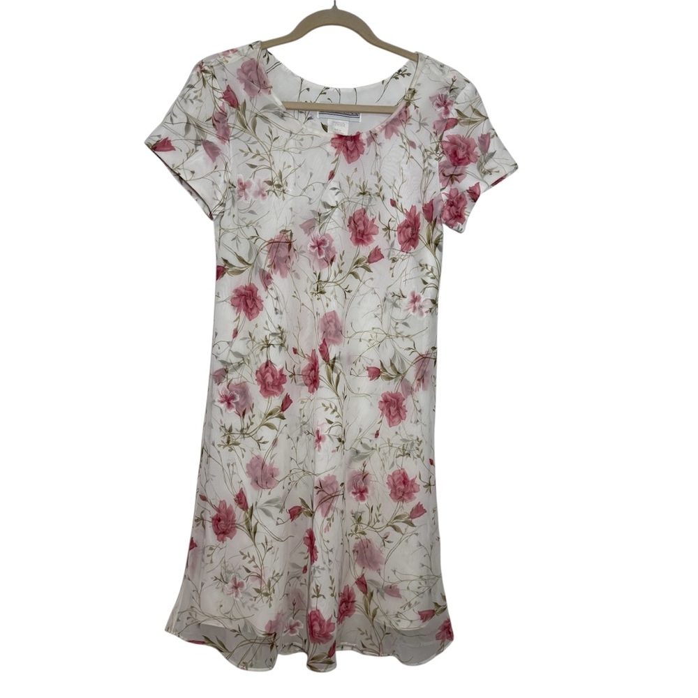 Vintage Floral White and Pink Short Sleeve Flowy Dress Y2K Size 10